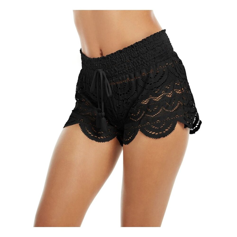 MIKEN Juniors Scalloped Lace Cover Up Swim Shorts Black Stretch Swimsuit Size XS
